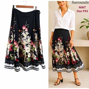 Soft Surroundings Black Floral Chiffon A-Line Skirt PXS Lined Botanical Floral